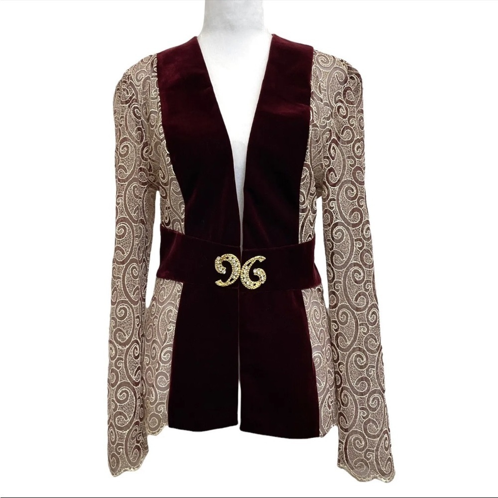 Aspeed Vintage 90s MCM Style Sheer Velvet Trim Lace Evening Jacket
